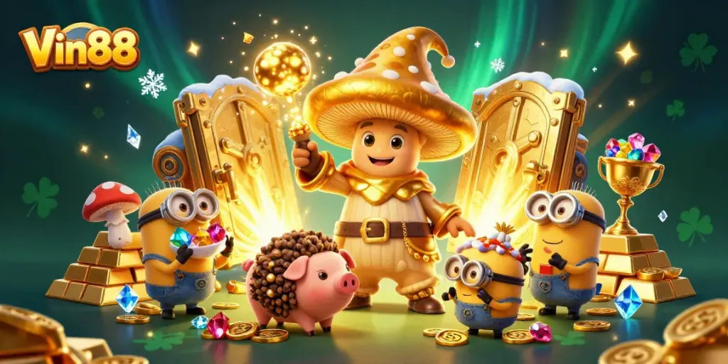 Win big with Vin88 as a magical golden wizard channels treasure in this vibrant casino scene.