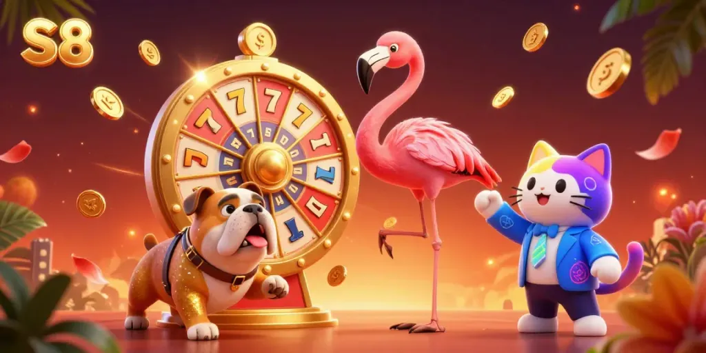 S8 interactive scene, featuring a flamingo host and excited bulldog contestant spinning a jackpot wheel.