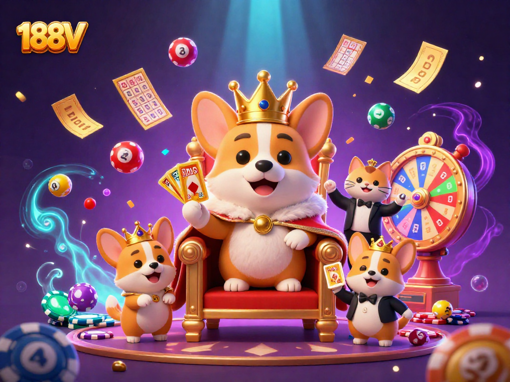 Experience the vibrant world of 188V with royal corgis and lottery balls in a playful casino scene.