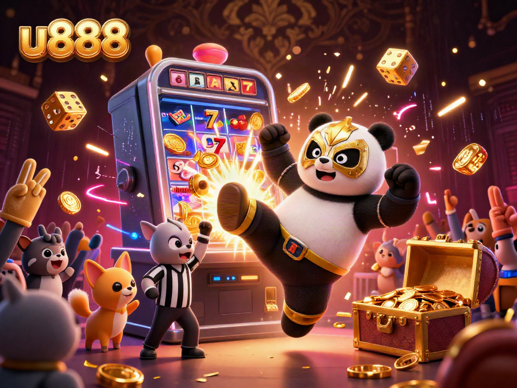 Exciting u888 casino gaming scene showing a wrestler panda and chihuahua referee amidst jackpot action.