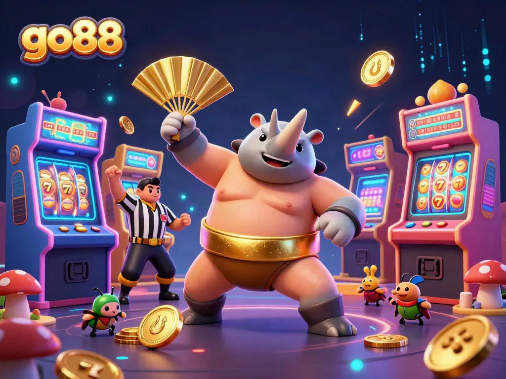 Experience thrilling gameplay at go88 with a vivid 3D scene featuring a beetle sumo champion amidst casino game elements.