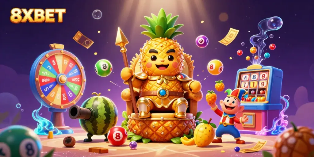 Experience the vibrant casino realm of 8XBET with golden characters and dynamic lottery elements.