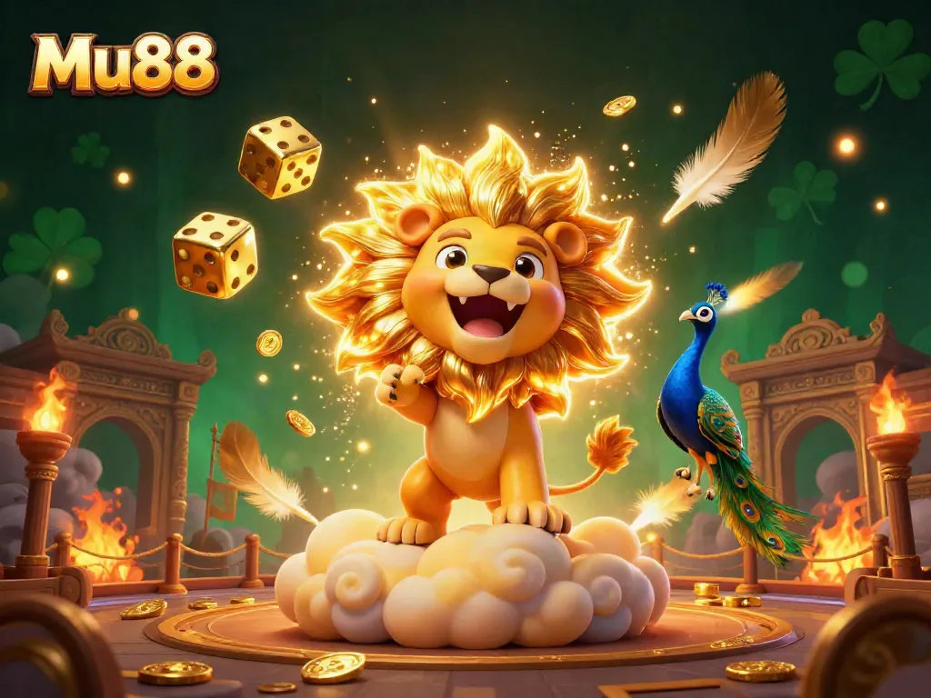 Mu88's vibrant and exciting gaming scene showcasing a roaring sun lion surrounded by golden dice and coins.