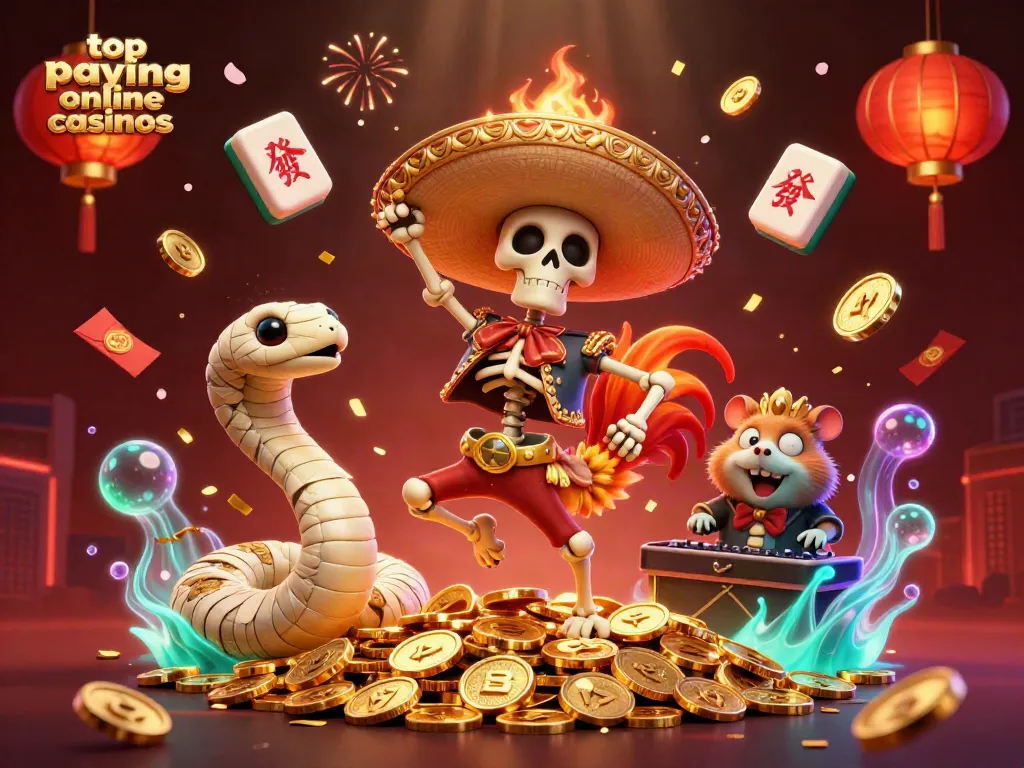 The cartoon scene showcases top paying online casinos with vibrant characters celebrating on golden coins amidst festive casino elements.