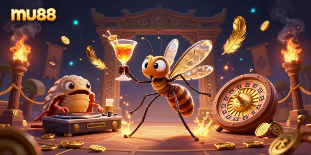 Engage in thrilling gaming at mu88 with a vibrant 3D illustration featuring a lively casino scene.