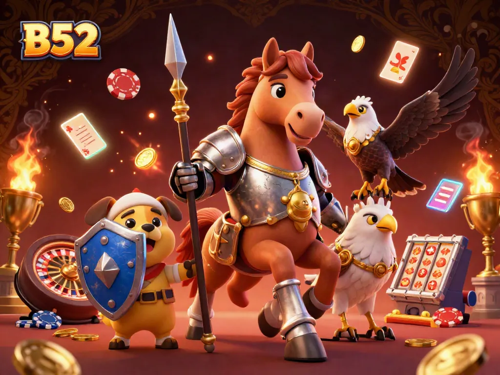 B52 gamblers winning big at a dynamic casino scene with knights and trophies.