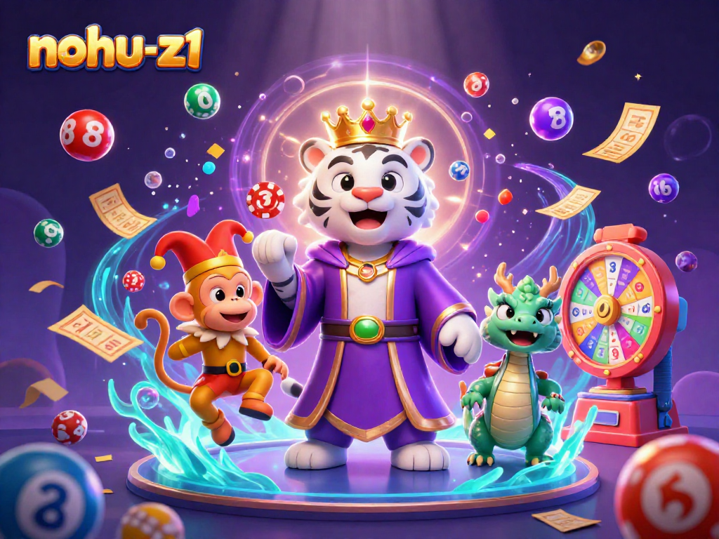 Nohu-z1 showcases a vibrant scene with a white tiger, monkey, and dragon amidst dynamic lottery elements.