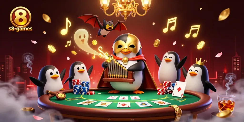 S8-games showcases a vibrant 3D casino scene with a penguin playing the organ, filling the air with golden musical notes while players celebrate wins.