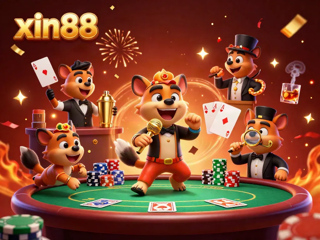 Hyenas entertain at the xin88 comedy casino with vibrant poker elements and a rich atmosphere.