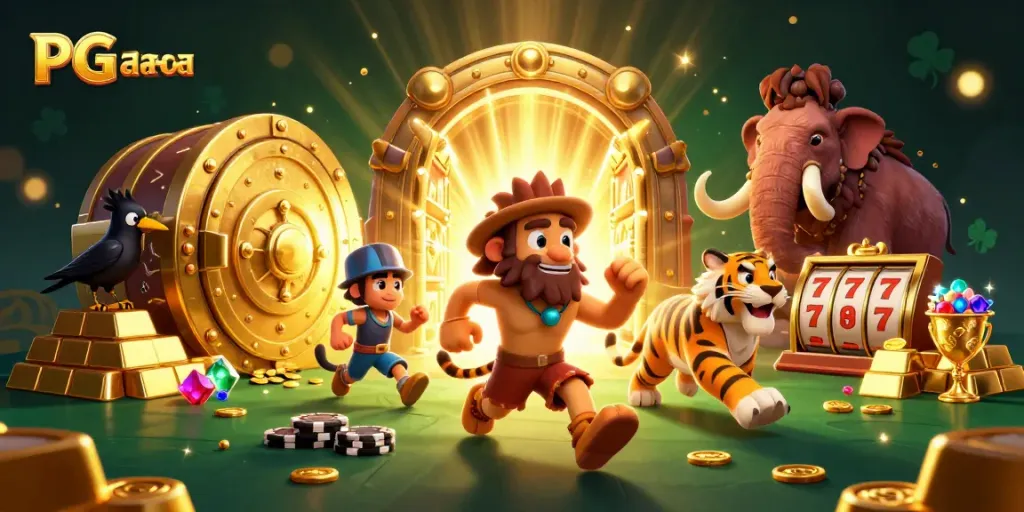 Experience thrilling PG สล็อต action with cartoon cavemen at an ancient casino, showcasing vibrant gaming elements.