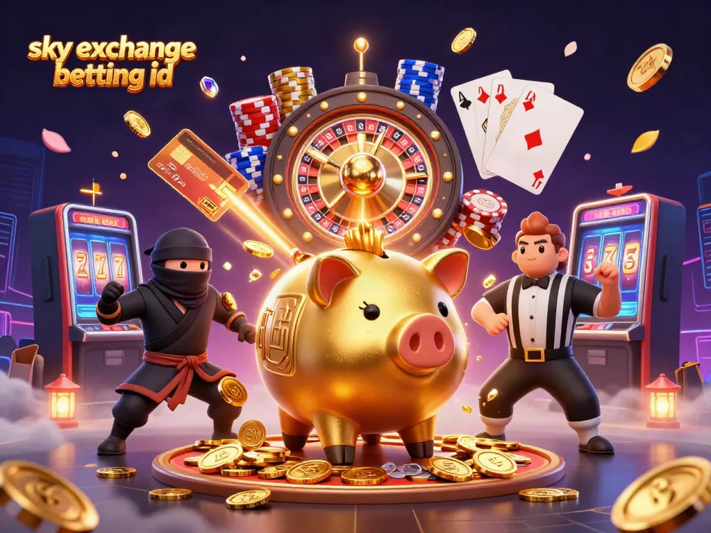 Engage with sky exchange betting id as a golden piggy bank sumo wrestler shakes coins, showcasing dynamic betting action.