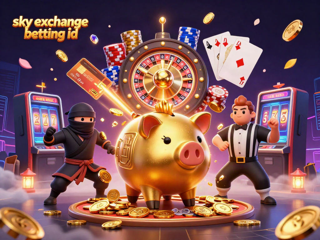 Engage with sky exchange betting id as a golden piggy bank sumo wrestler shakes coins, showcasing dynamic betting action.