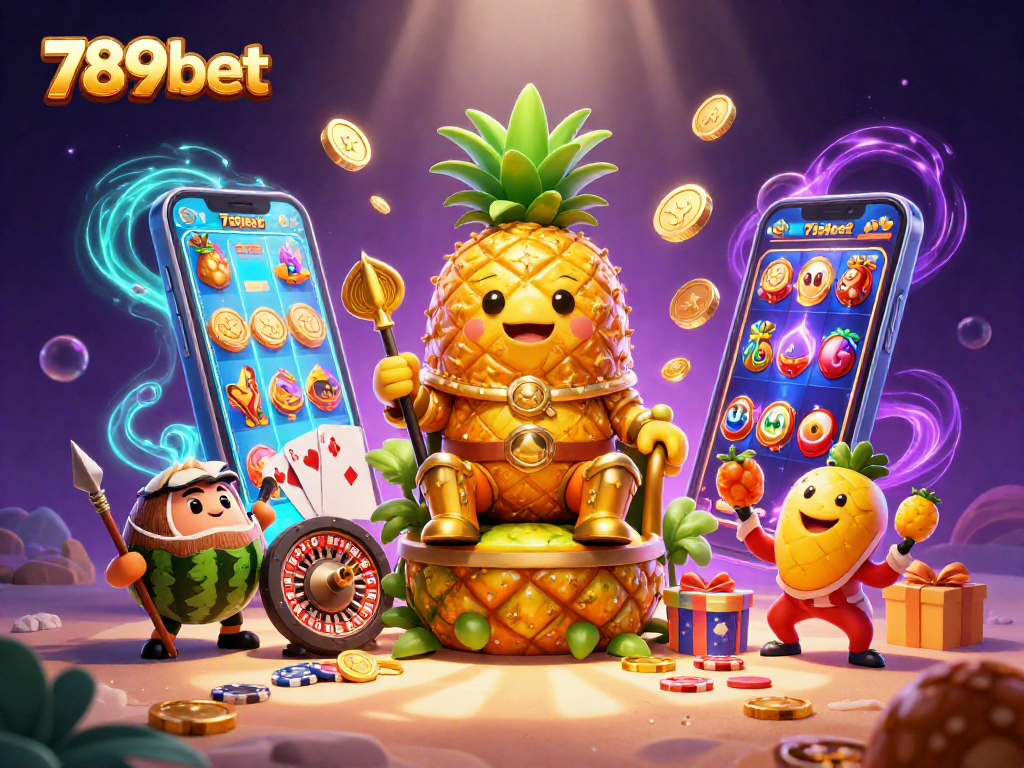 Experience the excitement of 789bet with a vibrant beach casino scene featuring a golden pineapple king.