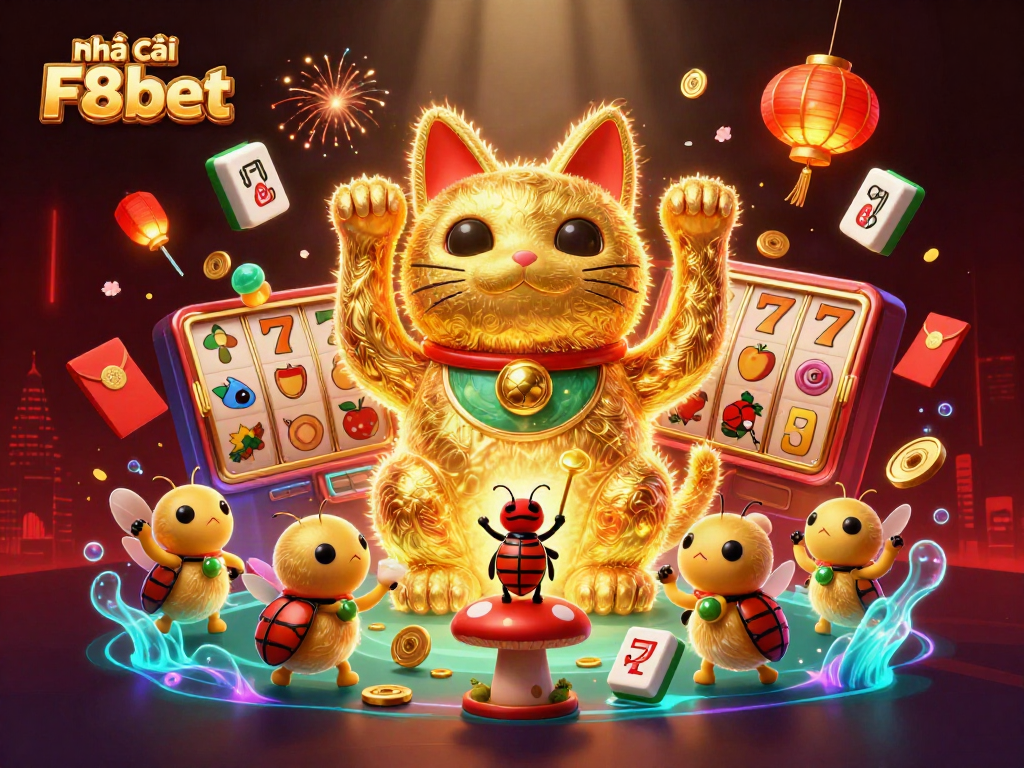 Dynamic illustration of Nhà cái F8bet featuring a lucky cat and casino symbols, capturing excitement in gaming.
