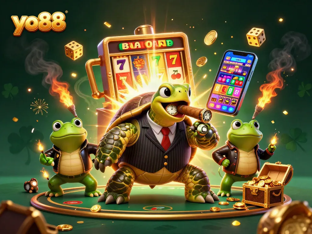 Experience excitement with yo88's vibrant casino scene featuring a snapping turtle mobster and jackpot symbols.
