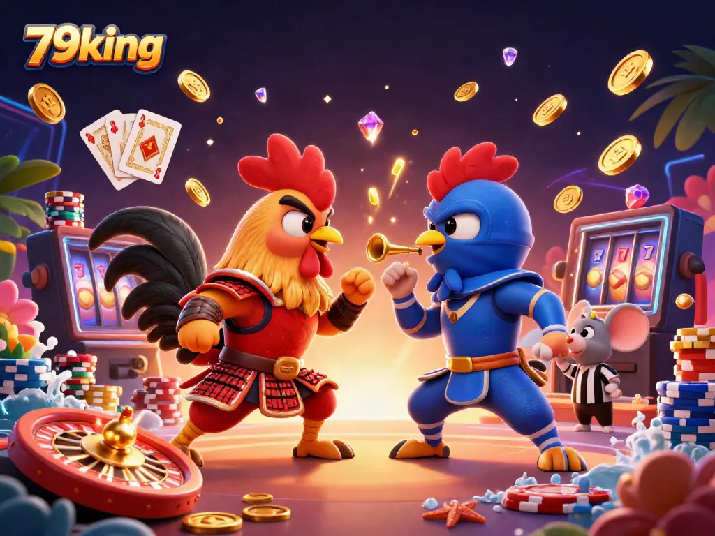 Experience thrilling gameplay with 79king, featuring dynamic cartoon fighting roosters and casino elements.