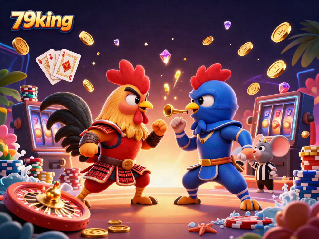 Experience thrilling gameplay with 79king, featuring dynamic cartoon fighting roosters and casino elements.