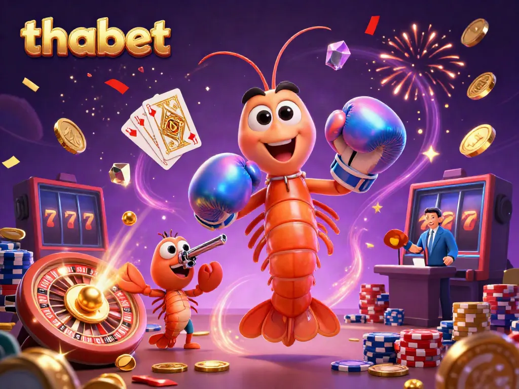 Experience the excitement at Thabet with vibrant shrimp characters and casino elements in action.