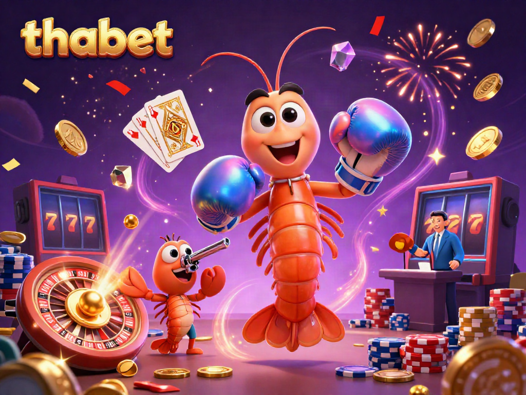 Experience the excitement at Thabet with vibrant shrimp characters and casino elements in action.
