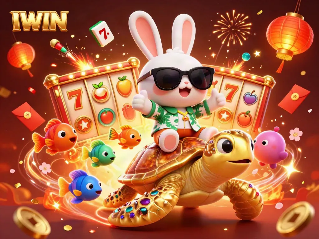 IWIN casino game enthusiasts celebrate victory with a lucky rabbit and turtle in a festive 3D scene.