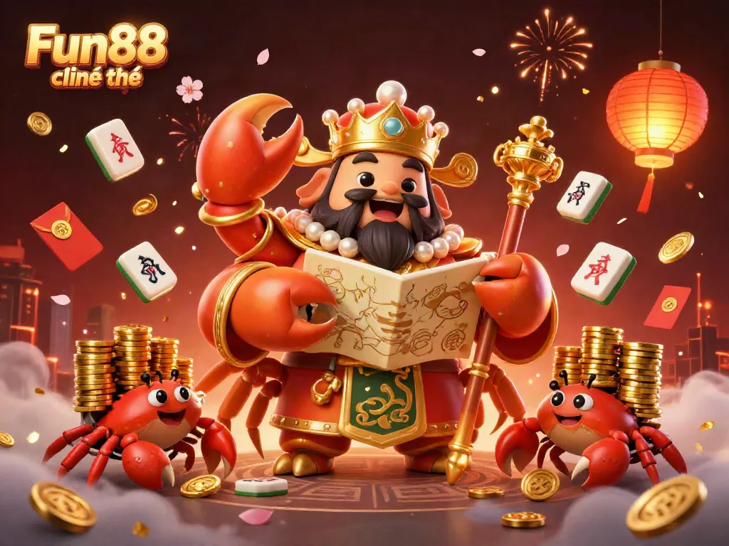 Engage in winning with Fun88 chính thức featuring the golden crab emperor surrounded by festive casino elements.