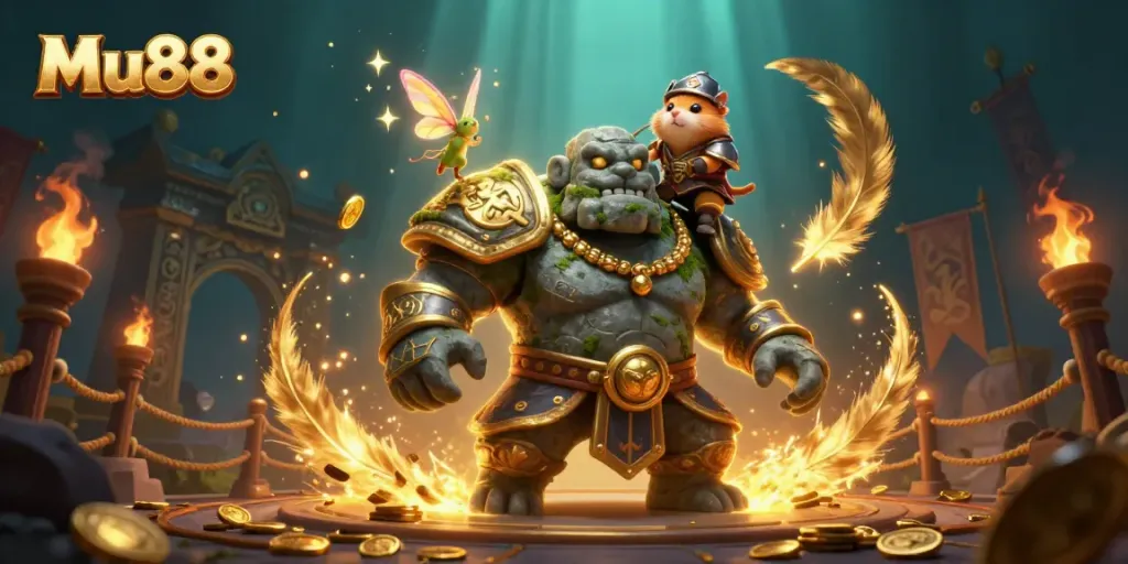 Engage with thrilling Mu88 gameplay through a whimsical scene of Epic Gamblers with magical elements.