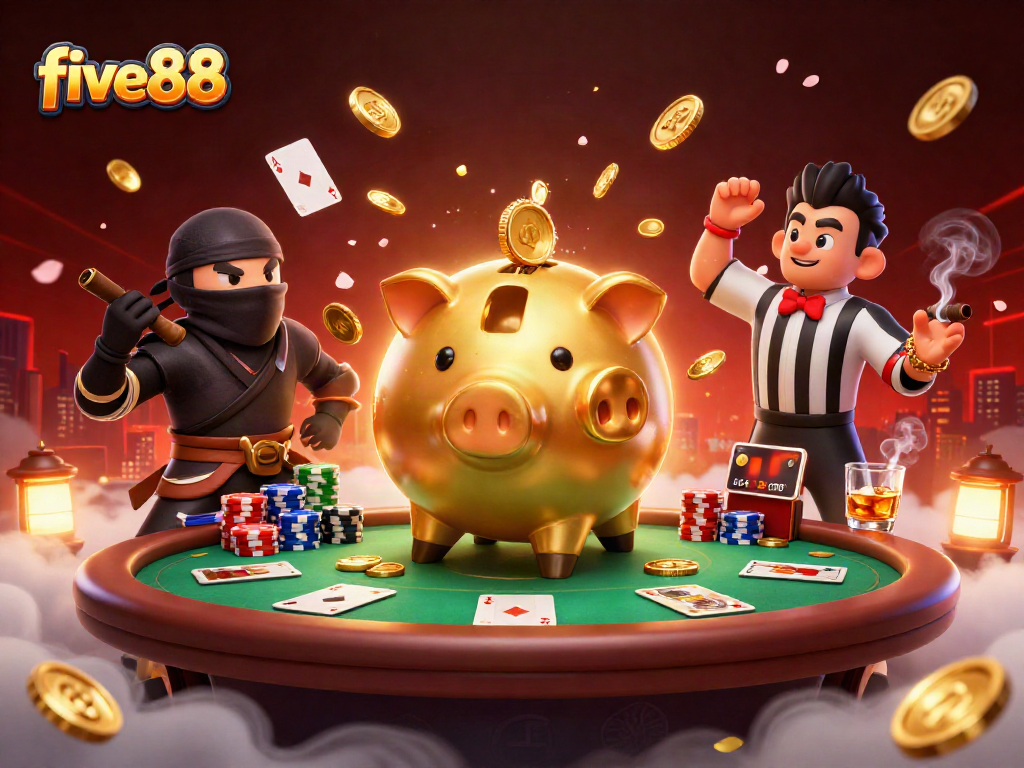 Engage in thrilling gaming at five88 with our lively poker showdown featuring vibrant characters.