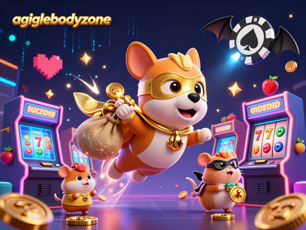 Engage with agilebodyzone in a vibrant 3D cartoon casino scene featuring a superhero dog and hamster.