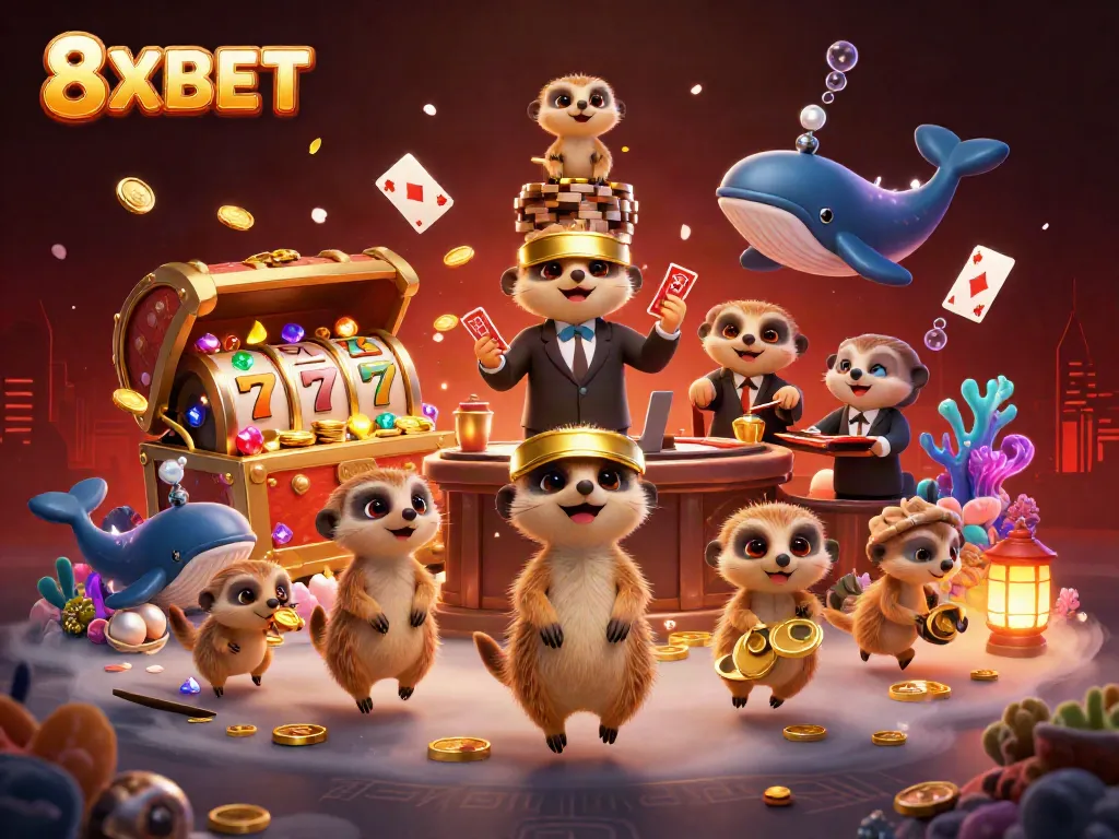 Engage with the vibrant world of 8XBET as meerkats run an exciting casino operation, showcasing colorful gaming elements.