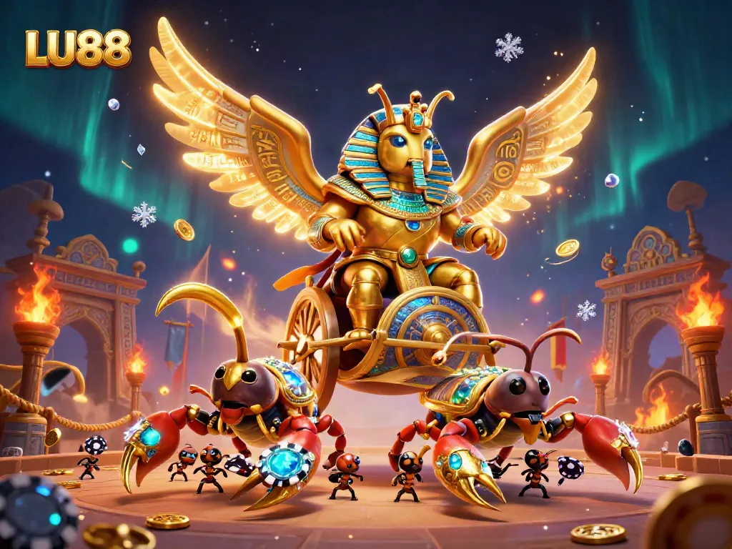 Experience LU88's thrilling atmosphere with a colossal golden scarab and vibrant casino elements.