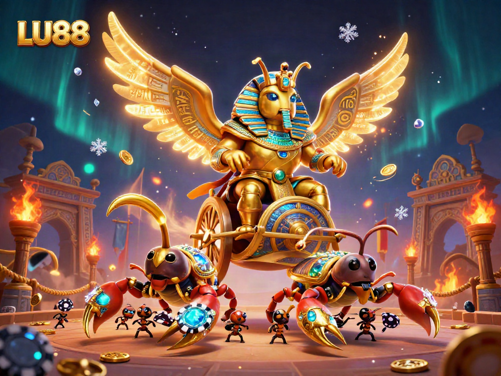 Experience LU88's thrilling atmosphere with a colossal golden scarab and vibrant casino elements.