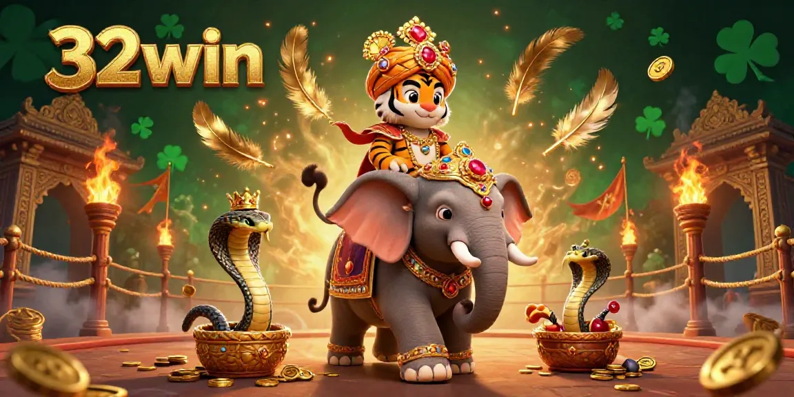 Experience the thrill of 32win in a vibrant casino scene with a jewel-encrusted elephant and golden elements.