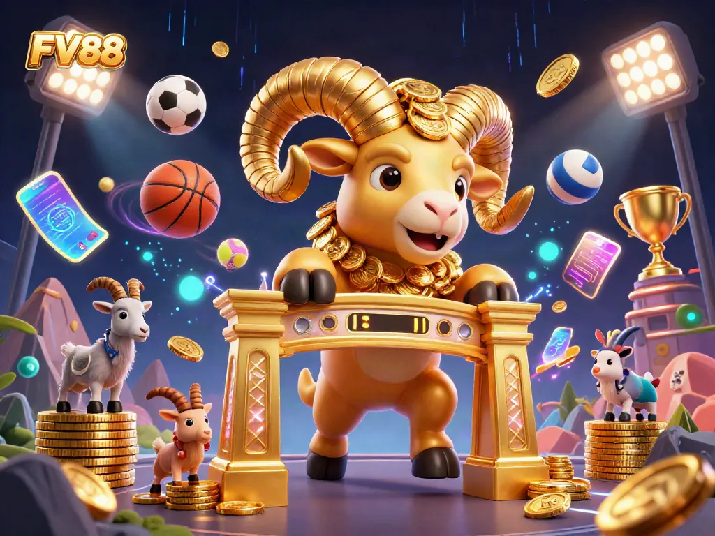 Experience the excitement of FV88 with a vibrant 3D casino scene showcasing dynamic sports elements and a golden ram.