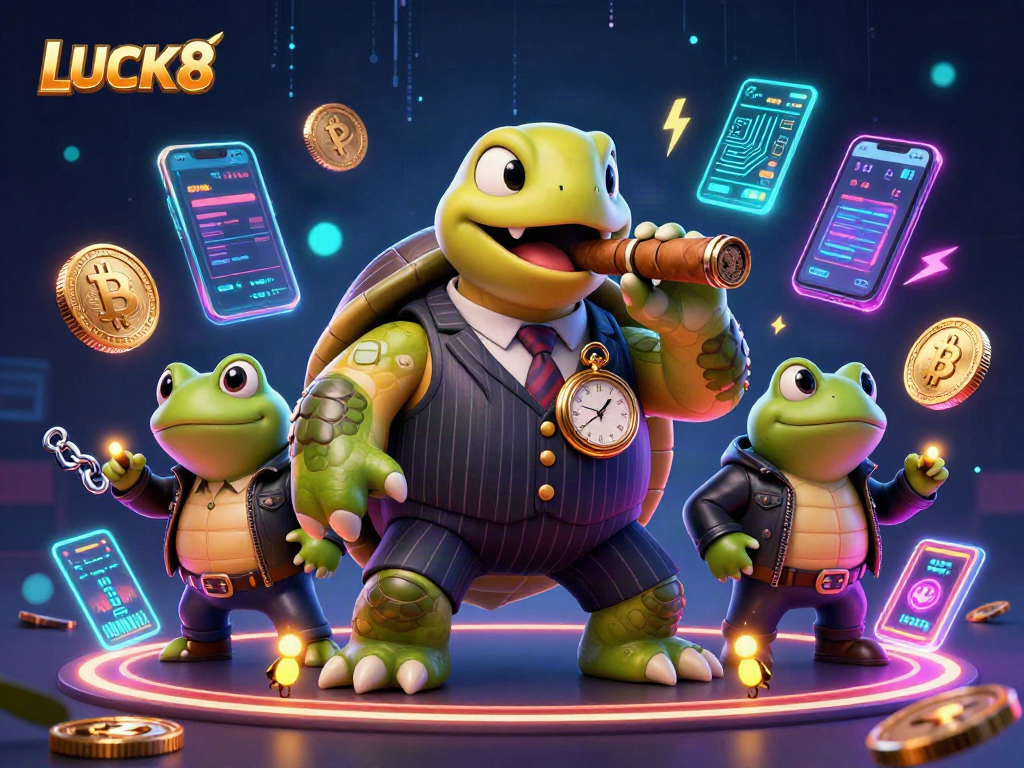 LUCK8 mang đến hình ảnh một rùa to lớn trong bộ vest gangster, biểu tượng của sự may mắn trong casino.