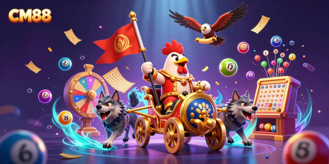 Experience thrilling gameplay at CM88, featuring a dynamic illustration of a rooster warlord in a lively casino atmosphere.