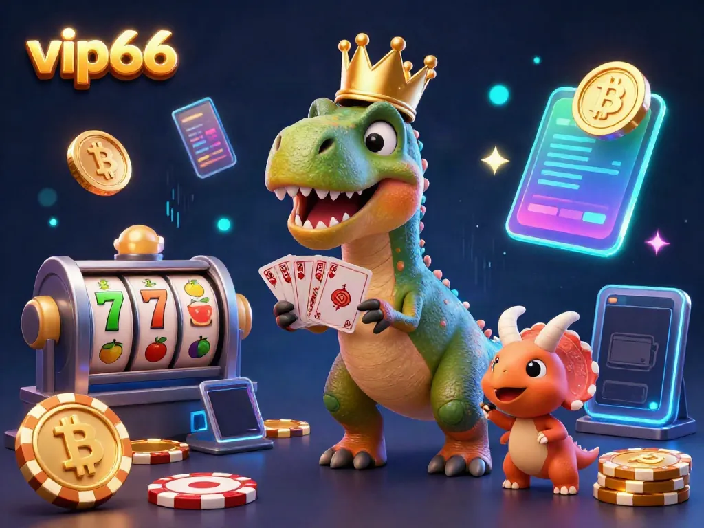 Experience the fun of vip66 online gambling with a whimsical T-Rex and colorful casino elements.