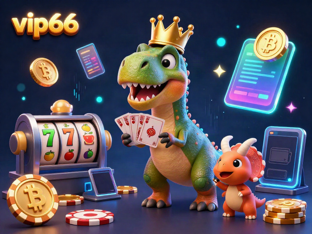 Experience the fun of vip66 online gambling with a whimsical T-Rex and colorful casino elements.