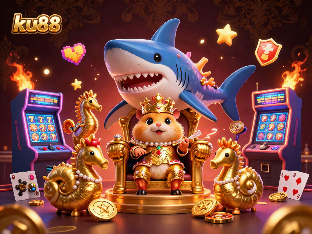 Experience thrilling gaming adventures with ku88's vibrant casino-inspired scene featuring royal characters and arcade elements.
