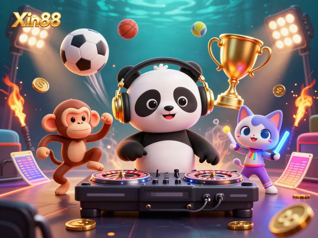 Immerse in the excitement of Xin88 as the DJ panda spins roulette wheels, surrounded by sports elements and vibrant characters in a lively casino scene.