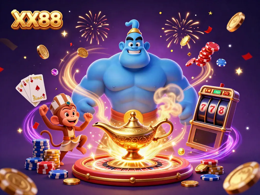 Experience the thrilling world of XX88 with a dynamic genie scene filled with vibrant casino elements.