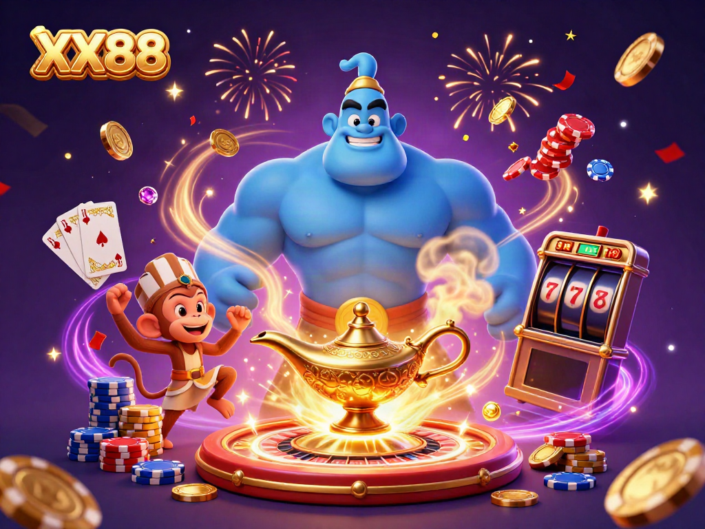 Experience the thrilling world of XX88 with a dynamic genie scene filled with vibrant casino elements.