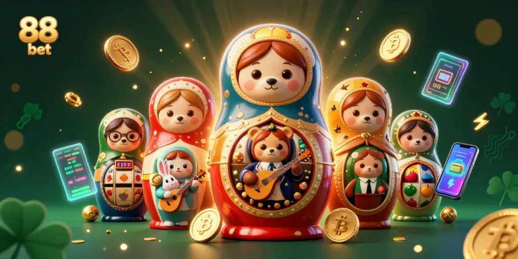 Engage with 88 bet's thrilling gaming world featuring cartoon bears, slot reels, and crypto elements.