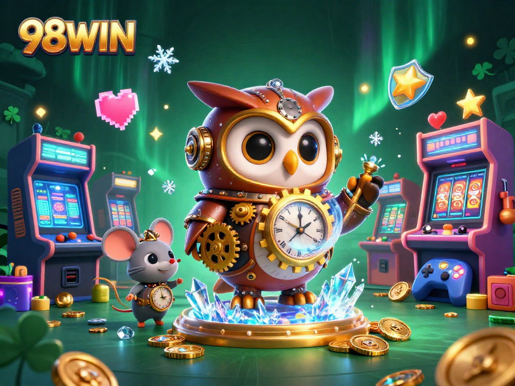 Experience thrilling gaming action at 98WIN with vibrant illustrations of a steampunk owl and arcade elements.