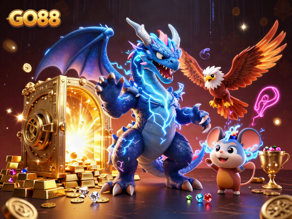 Experience the excitement of GO88 with vibrant casino elements and dynamic characters.