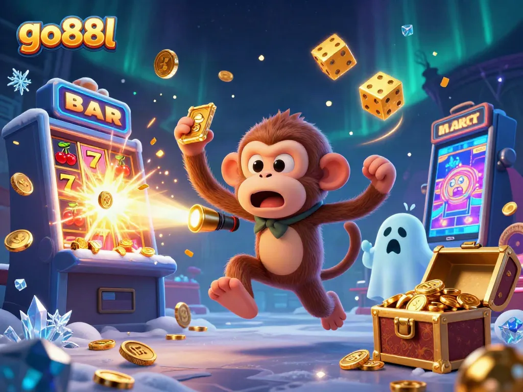 Engage in thrilling gameplay at go88l with a ghostly monkey juggling gold in a vibrant casino.