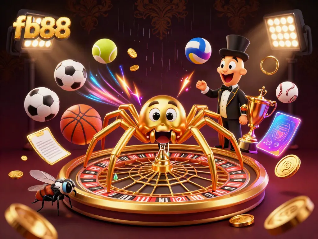 Place bets with fb88 in a vibrant 3D scene, featuring a spider, fly, and centipede in a casino atmosphere.