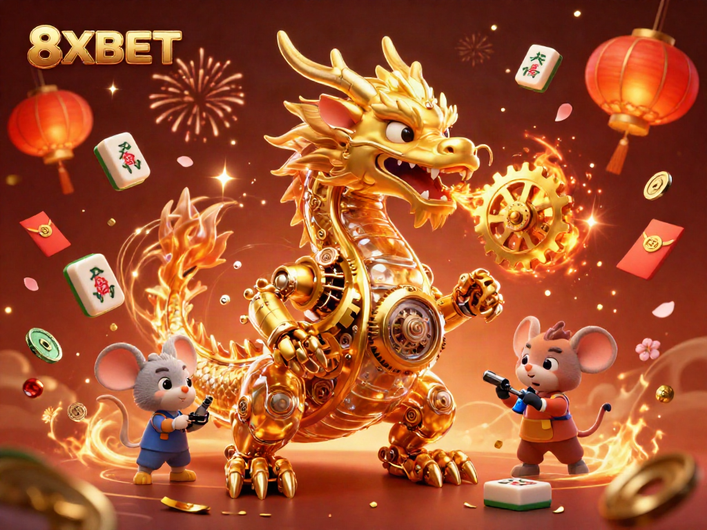 Engage in thrilling gameplay with the 8XBET dragon unleashing golden gears and cogs.