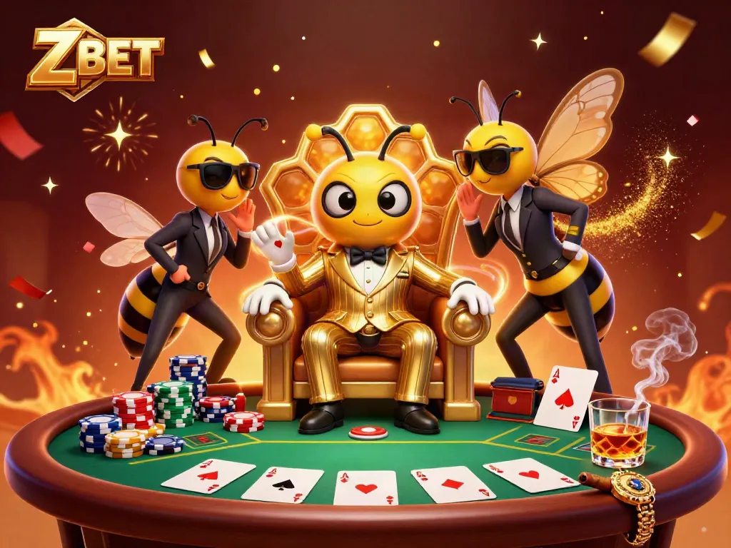 Z BET showcases a vibrant 3D casino scene, highlighting a cartoon boss at a poker table amidst chips and confetti.