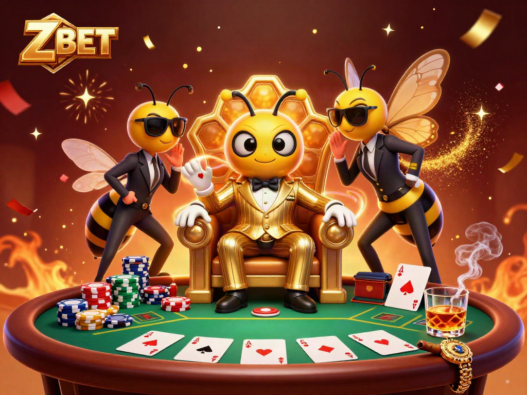 Z BET showcases a vibrant 3D casino scene, highlighting a cartoon boss at a poker table amidst chips and confetti.