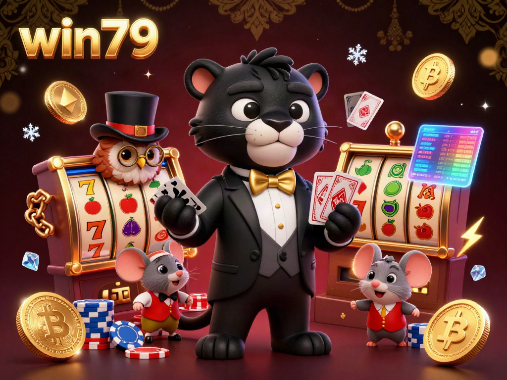 Experience the thrill of win79 with a vibrant 3D casino scene featuring a tuxedoed panther, poker elements, and crypto coins.